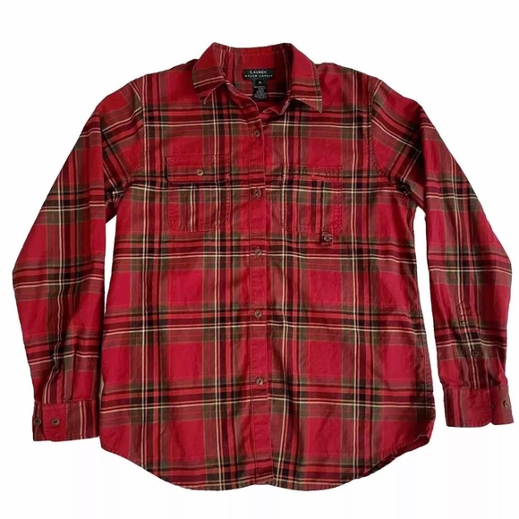 Lauren Ralph Lauren Cotton Plaid Red Button Up Top Size Medium - Picture 1 of 6